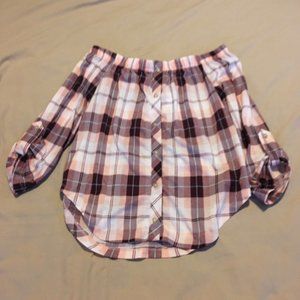 Off the shoulder button down plaid shirt